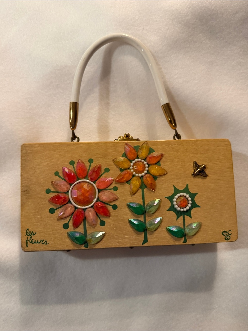 Colorful Floral Jeweled Wooden Top-Handle Clutch in Natural